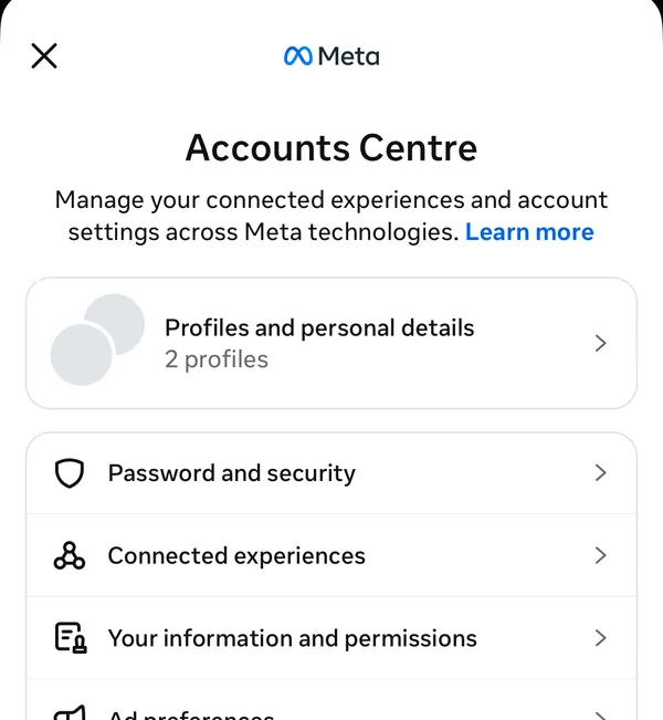 Accounts Centre, with Your information and permissions outlined.