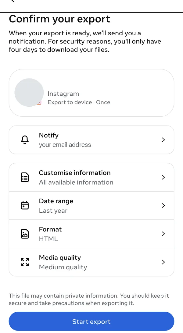 Confirm your export, with four rows marked A to D: Customise information, Date range, Format and Media quality, and the Start export button outlined.