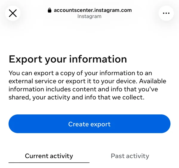 The Export your information page, with the Create export button outlined.