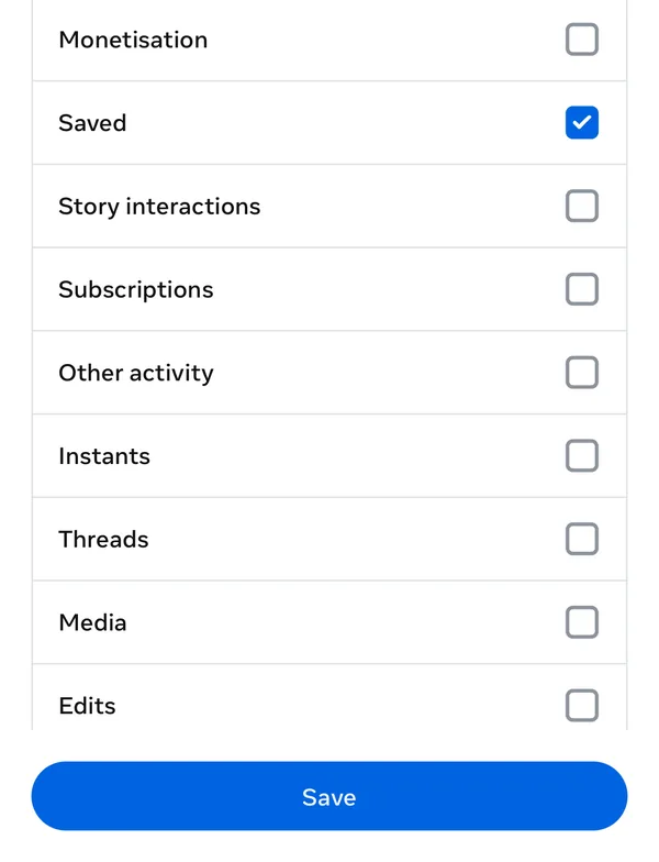 The Customise information list, with only Saved ticked and outlined, and the Save button outlined.