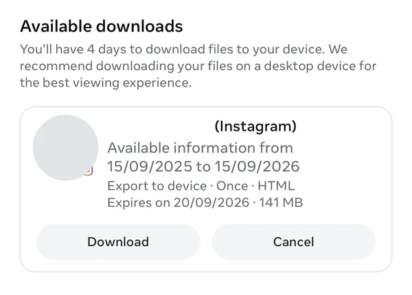 Available downloads, with an export ready to download and its expiry date, and the Download button outlined.