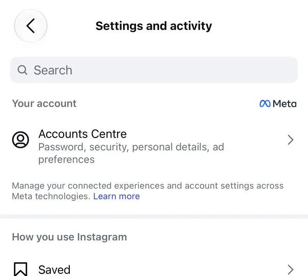 Instagram's Settings and activity screen, with Accounts Centre outlined under Your account.