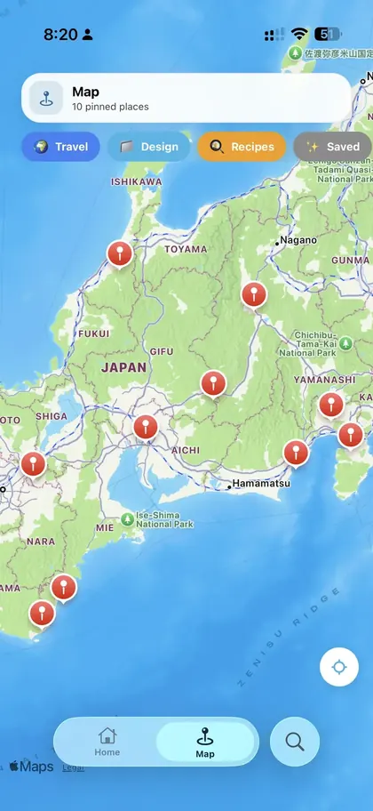 Saved places pinned on a map in resaw